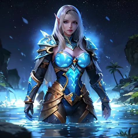 a closeup of a woman in a blue outfit standing in the water, water armor, fantasia paladin mulher, picture of female paladin, re...