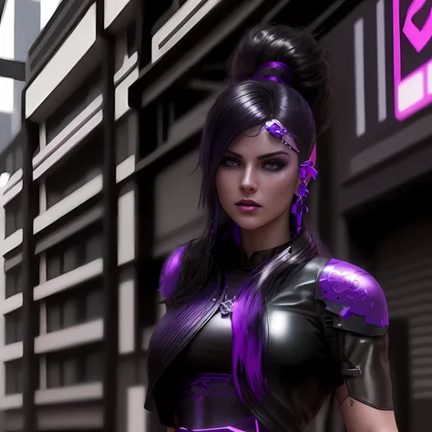 there is a woman in a purple top and black pants, alluring mesmer woman, jet black haired cyberpunk girl, female character, cyberpunk angry gorgeous goddess, portrait of tifa lockhart, cyberpunk style outfit, render of mirabel madrigal, cyberpunk 2 0 y. o ...