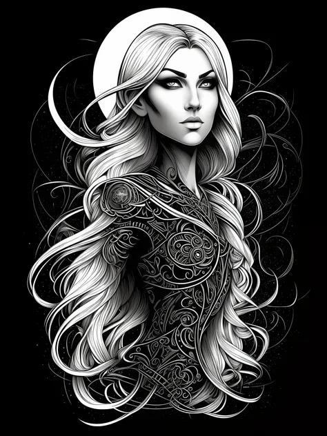 nordic eir, t-shirt art, 2d, ((black background :1, 5)), vector, vivid colors, masterpiece, best quality, intricate details, per...