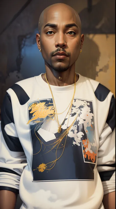 1rapper with Bald hair, modern all-white clothing with black stripes(H R Gigger), fog, detailed and realistic image, amazing composition with vintage scenery with abstract shapes, abstract minimalist background with tentacles, melt, drip, yoshitomo nara:1....