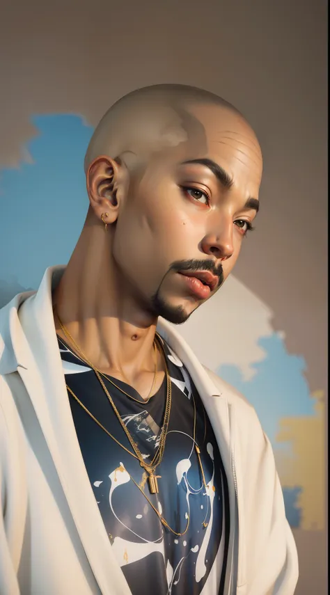 1rapper with bald hair, modern all-white clothing with black stripes(h r gigger), fog, detailed and realistic image, amazing com...