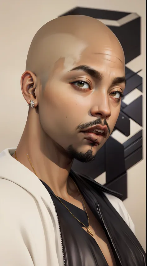 1rapper with Bald hair, modern all-white clothing with black stripes(H R Gigger), fog, detailed and realistic image, amazing composition with vintage scenery with abstract shapes, abstract minimalist background with tentacles, melt, drip, yoshitomo nara:1....