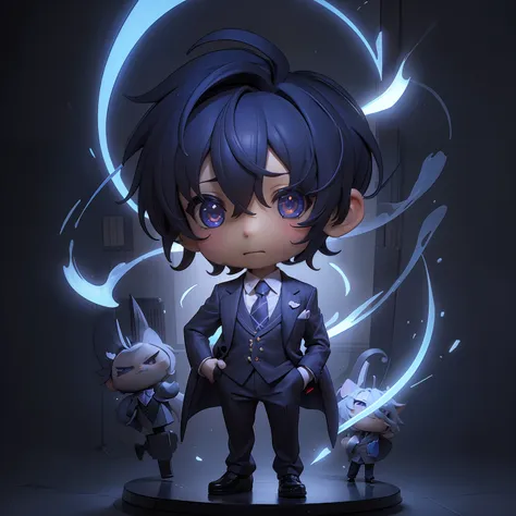 (((chibi：1.5)))boy chibi,blue short cut hairstyle,wearing shiny sunglasses,pinstripe suit,wearing a necktie with a heart pattern...