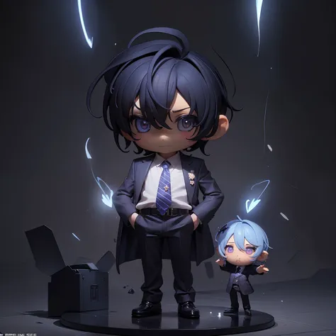 (((chibi:1.5)))boy chibi,Blue short cut hairstyle,Wearing shiny sunglasses,pinstripe suit,Wearing a necktie with a heart pattern,Figure Edge Light、Anthropomorphic、dramatic lighting、8k、portlate、realisitic、photorealisim、cinematic、intricate detailes、Cinemati...