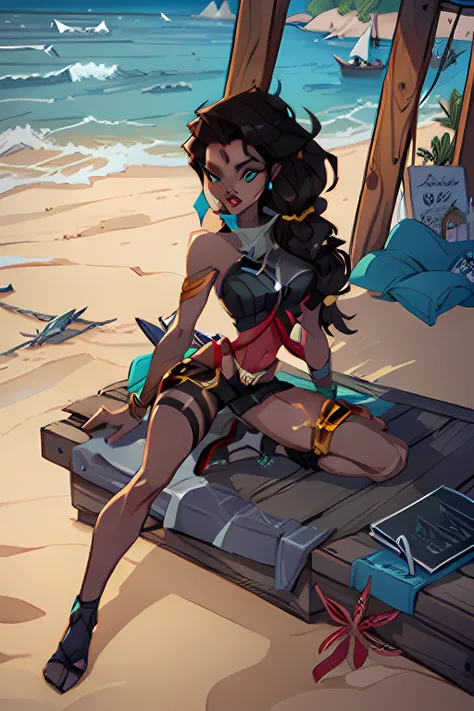 samira (league of legends), 1girl, bikini, underwear, league of legends, at the beach, sand, sea, ocean, sexy, hot, anatomy, loish, artstation, 4k