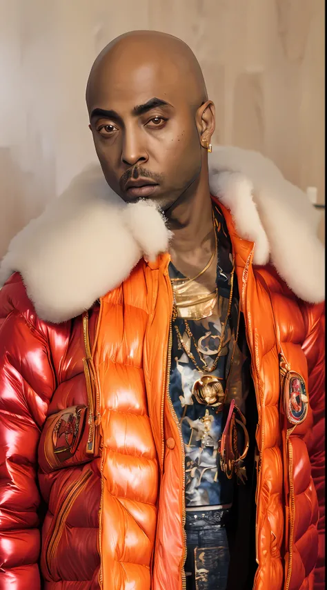 1rapper with Bald hair, Unique mink Fur Jacket (Virgal Abloh) (H R Gigger), fog, detailed and realistic image, amazing composition with vintage scenery with abstract shapes, abstract minimalist background with tentacles, melt, drip, yoshitomo nara:1.5, wes...