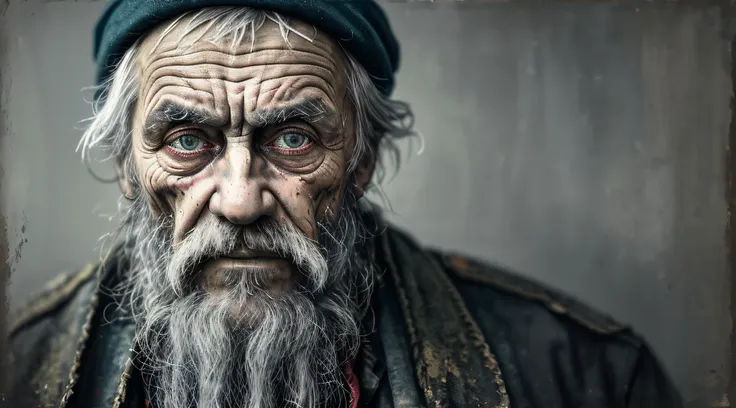 a portrait of poor russian 1800 old worker in rags, ((overwhelming fatigue )), wrinkles of age, concept art, oil pastel painting...