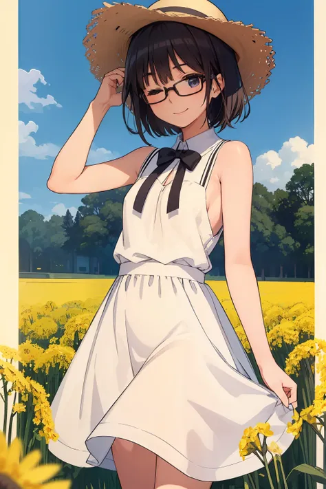 (1 junior high school girl、a dark-haired、short-hair、straight haired、hair adornments、eye closed、a smile、black glasses、small tits、...