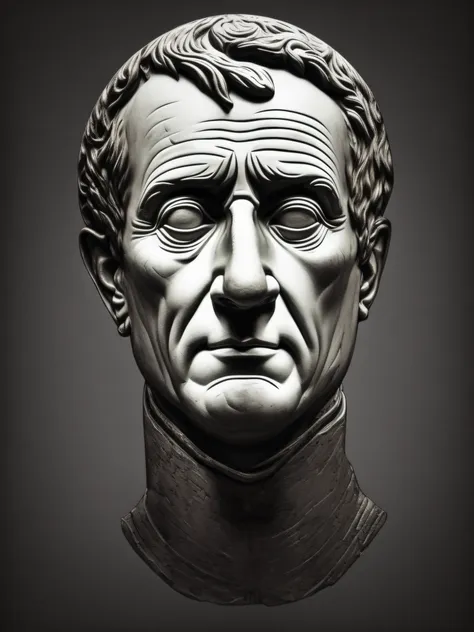 bust of emperor julius caesar, t-shirt art, 2d, ((black background :1, 5)), vector, vivid colors, masterpiece, best quality, int...