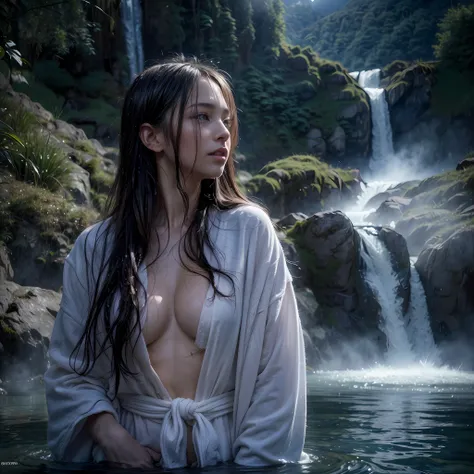 ((bestquality)), ((masterpiece)), (girl  soaking in an onsen under a mountain waterfall) ,see through white bathrobe, no bra , n...