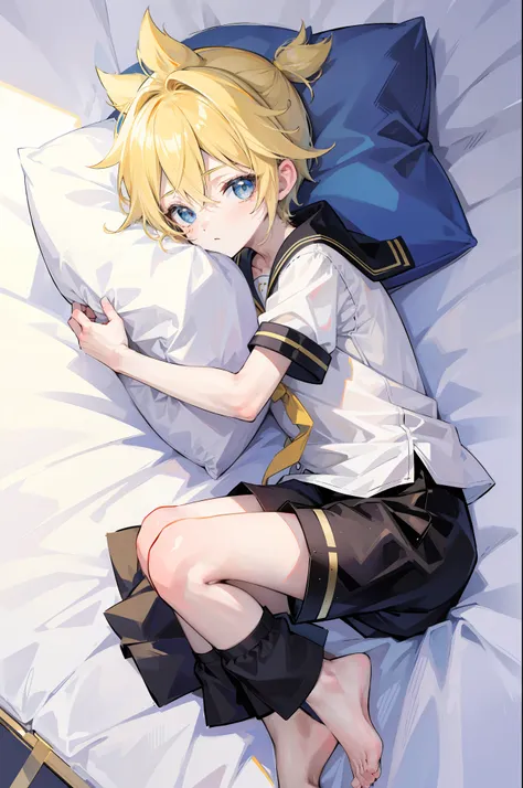 best quality, ultra precision, (one boy), (len_kagamine), cute, cool, blond hair, shota, cowlick, sailor uniform, black short pa...