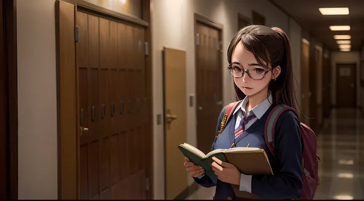 woman in glasses carrying 4 books in a hallway, uma aluna hiperrealista, aluna hiperrealista, portrait of high school girl, estu...