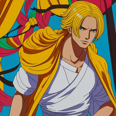 (One_Piece), (Estilo de arte de anime), ((sozinho)), 1menino, ((1homem jovem)), (olhos detalhados), ((olhos verdes intensos)), ((olhos esmeraldas)), ((cabelo curto)), ((cabelo cheio)), ((franja cobrindo olho direito)), ((Tenryubito clothes, pastels colors,...