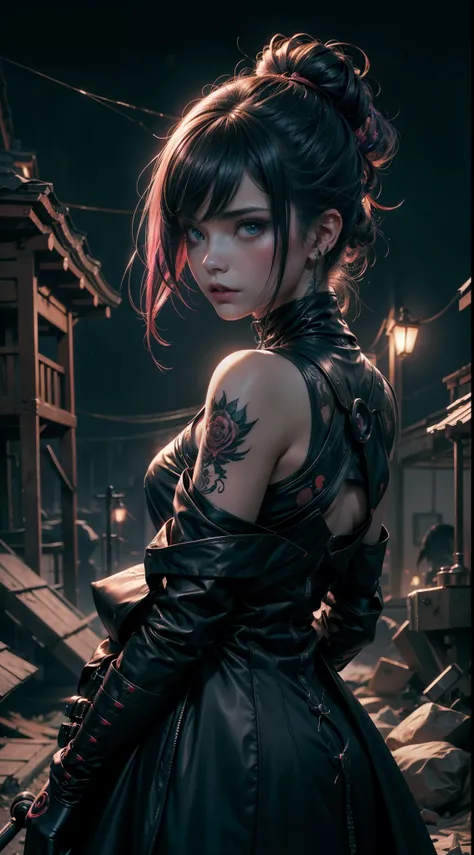 fotorrealismo, menina anime, Vampiro, com cabelos ruivos, vestido vermelho, olhos azuis, brilhante, Florpunk, samuraipunk, iridescente, bioluminescente, tatuagempunk, Hyper - Detalhado Vibrant Cinematic Raking Light, atordoante, Subsurface scattering, Ambient occlusion, chromatic aberration, 8k