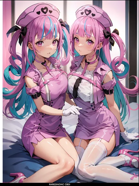 pink nurse hat，blue hairs，pink nurse's uniform，white gloves，blue stockings，pink high heels