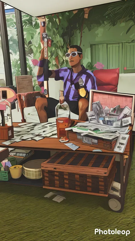 Theres a man sitting in a chair with a guitar and a suitcase, Transmetropolitana, Jamie McKelvie Arte em quadrinhos, Fantastic seller interior, full-colour illustration, posuka demizu | |, Penhasco Chiang, inspirado por Eddie Campbell, Jamie Hewlett Arte, ...