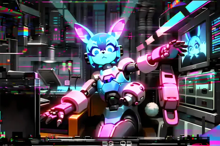 (blame! style abandoned tech landscape), (Zen, Amy Sol style), (((beats to relax/study to))), (((Lofi anthro kemono blue-furred rabbit girl in power armor sitting in metal chair behind computer terminal, behind giant glass terminal screen, beats to relax/s...