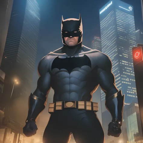 "In the darkness of the futuristic night, in a city filled with glowing neons that reflect the shadows, Batman emerges in his noir cybernetic armor. Vestindo um traje escuro, full of futuristic lines and luminous details in neon, ele caminha pelas ruas som...