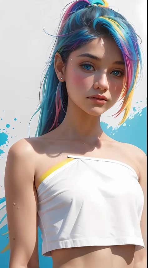 （pink fashion t-shirt：1.9），（colorful hair：1.8），（rainbow all colors：1.8），（（（（vertical painting：1.6)）），（painting of a：1.6），frontag...