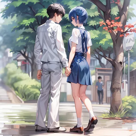 Student couple in Japan uniform。Black-haired Rei Ayanami and Shinji Ikari。Couples without height difference。Depict a scene where two people are holding hands。
