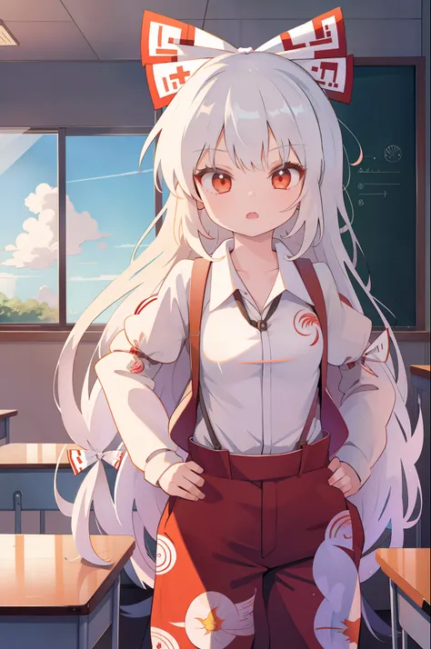 1girl, km, (fujiwara no mokou:1.2), (cowboy shot), classroom, school uniform