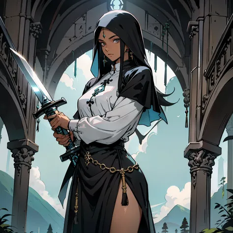Garota,cabelo longo preto,olhos escuros,roupa de monje, espadachin, corpo inteiro, with a mystical sword