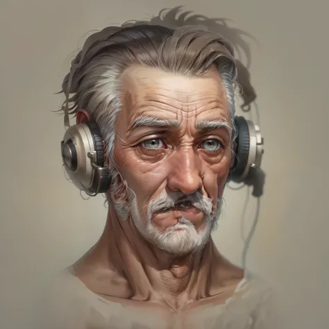 personagem masculino,rosto detalhado, old man ,cabelo grisalho,olhos castanhos,narrador,fone de ouvido,meio corpo