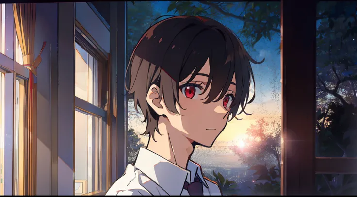 1Man Boy、a junior high school student、man、A dark-haired、red eyes、White shirt、neck tie