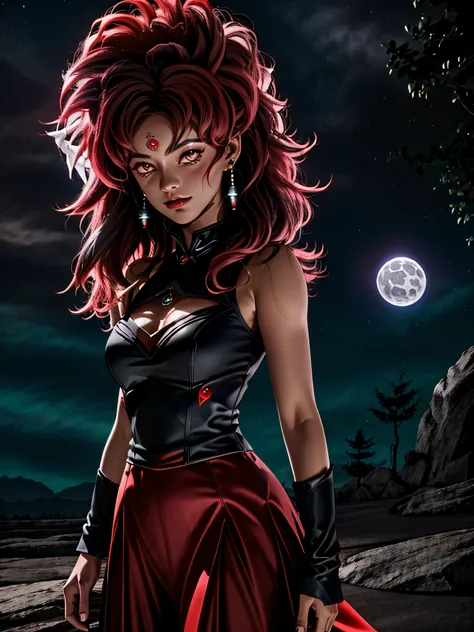 Mulher Lobo, Mulher Lobisomen, Mulher Werewolf, Werewolf woman, cabelo comprido preto, olhos vermelhos brilhantes, canalizando seus poderes, Ki em volta, em uma cidade escura destruida, ela tem uma roupa de pele de lobo cinzento e alguns detalhes preto e v...