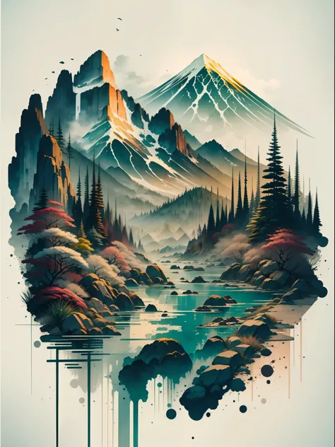 white background, scenery, ink, mountains, water, trees