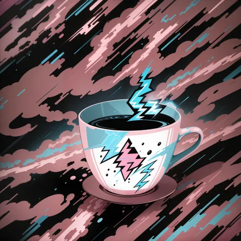 "a cup of coffee with a lightning bolt running back and forth, with a predominance of pink and blue colors, in a vibrant and sur...