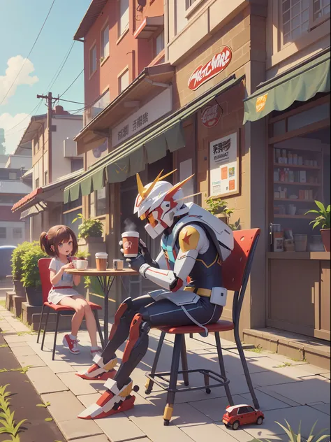 (machinary：genzu gundam:1.331)，(sit on chair）,(half-body shot)，((genzu gundam sits in a chair in the café))，(there are potted pl...