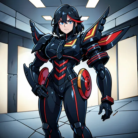 kill la kill_character_ryuuko, white and dark red captain outfit with a wide and large cuirass, styled in heavy gundam armor and...