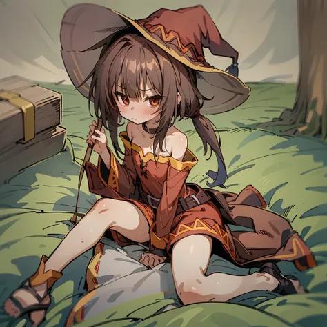 1 girl,​masterpiece,small tits,(top-quality),sitting on,(megumin),big witch's hat,(high details),