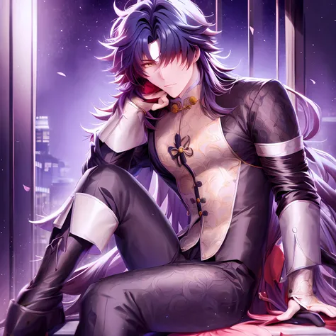 anime - style image of a man sitting on a bed with his hands on his face, handsome guy in demon slayer art, handsome anime pose, handsome prince, beautiful androgynous prince, inspired by Okumura Masanobu, highly detailed exquisite fanart, anime handsome m...