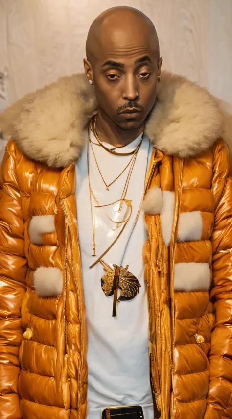 1rapper with Bald hair, Unique mink Fur Jacket (Virgal Abloh) (H R Gigger), fog, detailed and realistic image, amazing composition with vintage scenery with abstract shapes, abstract minimalist background with tentacles, melt, drip, yoshitomo nara:1.5, wes...