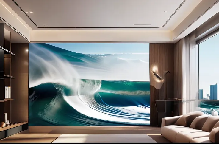 with waves around the room,((masterpiece), best quality, ultra realistic, super detailed,