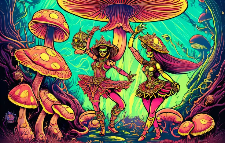 por (dan mumford: 1.4) extremely epic illustration, costume enchanted beautiful mushroom with bright pastel colors and gold, fol...