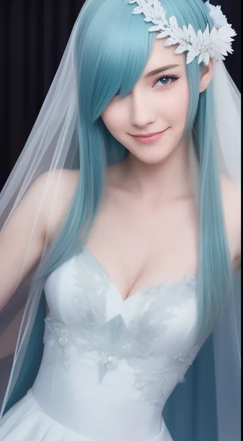 brynhildr lancer fgo,16-year old,pure,dazzling smile,laurel wreath,wedding dress,shyly pose,distant gaze, pretty round face,tall,very skinny,slender,light blue hair, cross-cut bangs strongly leans to the right,detailed hair