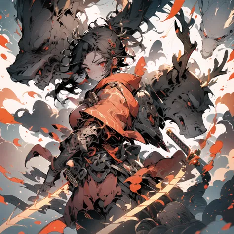 Create an AI illustration of a young girl with black short hair, red eyes, and deer antlers. She resembles a samurai, holding a sword while standing on a battlefield. She wears armor, yet pairs it with a miniskirt, showcasing her unique style. Please gener...