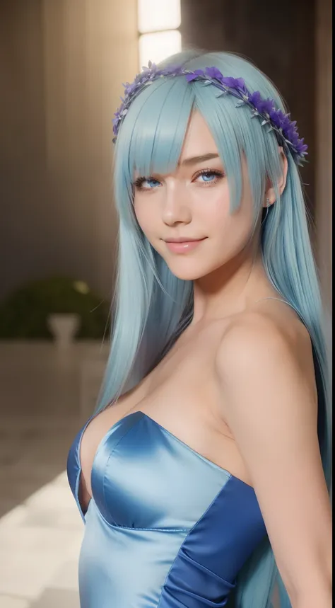 brynhildr lancer fgo,16-year old,pure,dazzling smile,laurel wreath,wedding dress,shyly pose,distant gaze, pretty round face,tall,very skinny,slender,light blue hair, cross-cut bangs strongly leans to the right,detailed hair