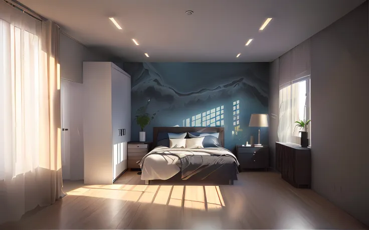 ultra photo realsisim， tmasterpiece， best qualtiy， ultra - detailed， 超高分辨率， raw photogr， 8k， light grey modern bedroom，（fabric b...