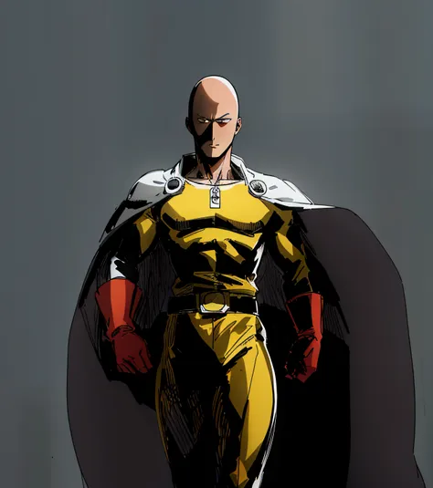 un primer plano de una persona con un traje amarillo con una capa, retrato de saitama, saitama, guapo, un punch man, high detail...