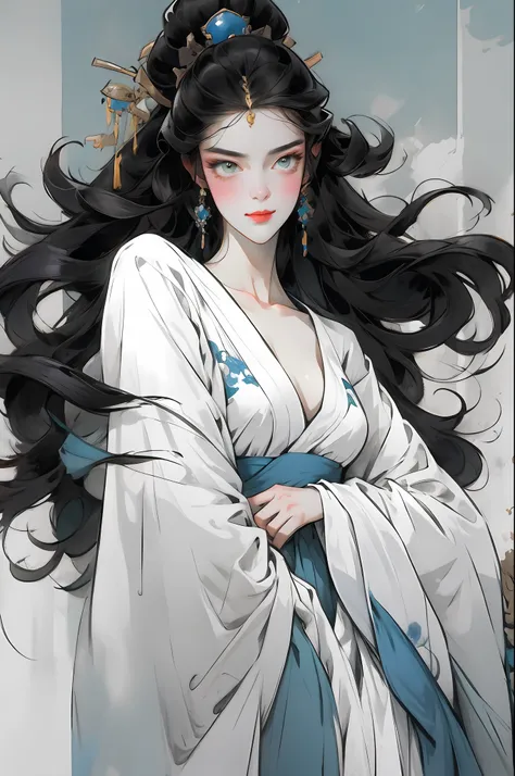 (Beautiful girl dressed in white),Full body standing painting,Wide sleeves,watery big eyes,Beautiful face and smooth fair skin,s delicate face,cabelos preto e longos,An ancient Chinese beauty,wearing ancient Chinese costume,gossamer,Colorful,Vivid and brig...