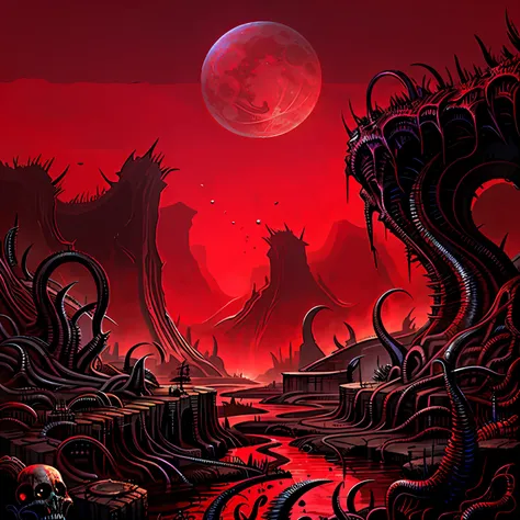 "a mad evil landscape。tentacles rise from the abyss，polluted rivers，a graveyard of horrors，blood-red moon，hyper-realistic engine...