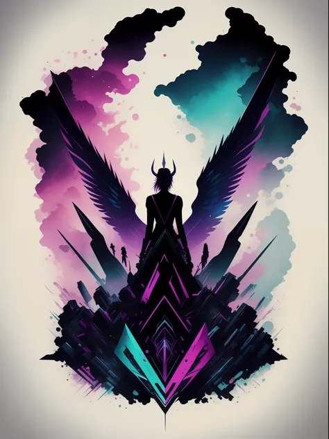 valkyries, 2d t-shirt art, cyberpunk, epic illustration, vector, 2d illustration, black background, very colorful, full gradient...