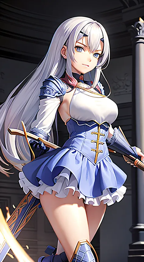 Wearing heavy armor，exposing her chest，With a sword