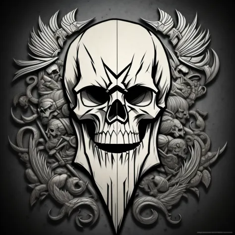 desenho de uma caveira com barba e uma cruz na testa, menacing expression, fundo preto, bearded skull, barba branca, skull desig...