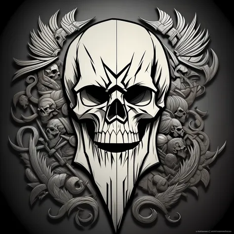 desenho de uma caveira com barba e uma cruz na testa, menacing expression, fundo preto, bearded skull, barba branca, skull desig...