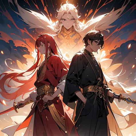 tmasterpiece：1.2），A man，Long flowing red hair，best qualtiy，Hold a sword in hand ，glittery，，It emits a cold light,，ln the forest，Surrounded by leaves and lightning particles. , （fenghuang），The majestic gesture and the surrounding flames.Lightning surged aro...